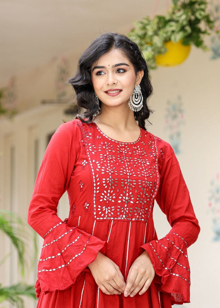 Red Mirror Embroidery Cotton Ethnic Gown