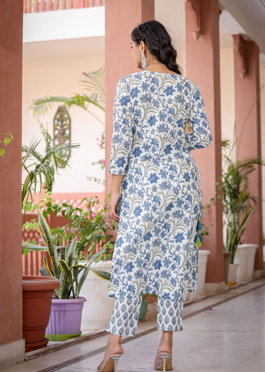 Blue Floral Printed Cotton Kurta Pant Set (Set of 2)