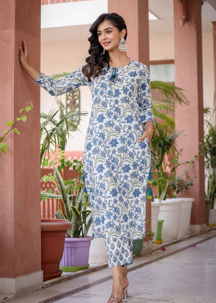 Blue Floral Printed Cotton Kurta Pant Set (Set of 2)