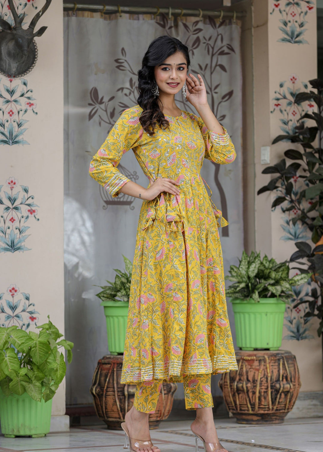 Yellow Floral Printed Cotton Kurta Pant Set (Set Of 2)