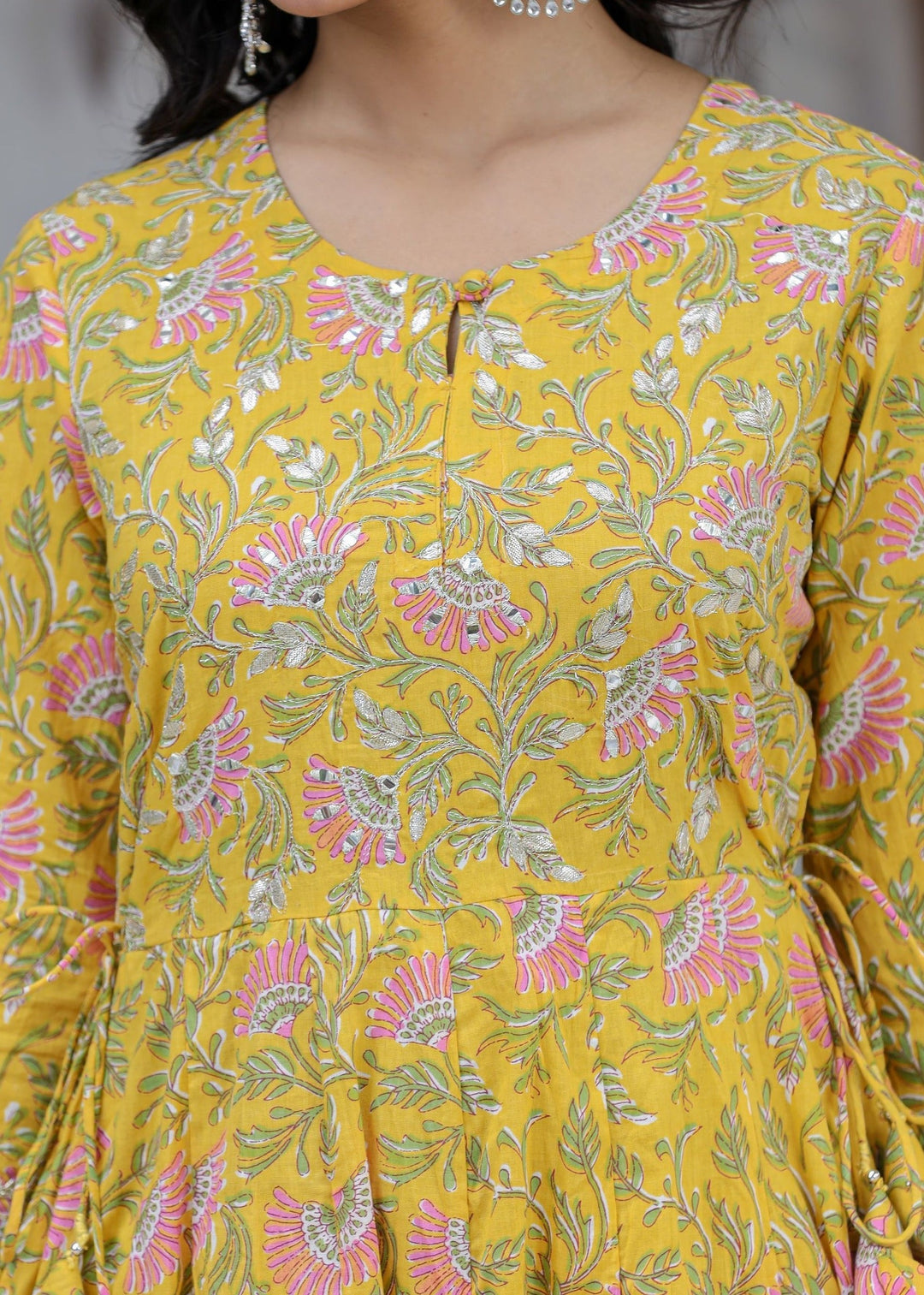 Yellow Floral Printed Cotton Kurta Pant Set (Set Of 2)