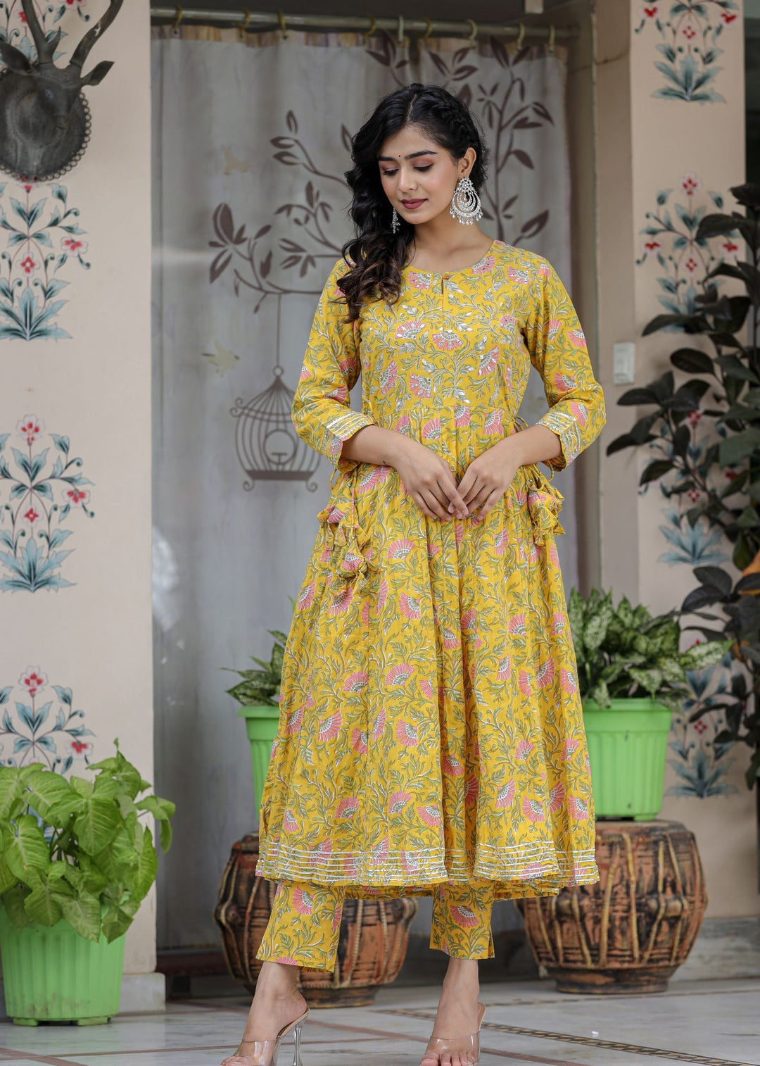 Yellow Floral Printed Cotton Kurta Pant Set (Set Of 2)