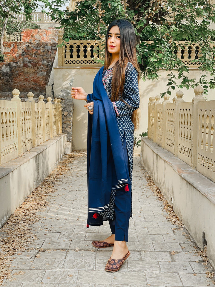 Blue Embellished Cotton Suit Set