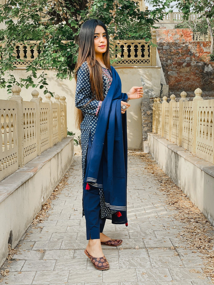 Blue Embellished Cotton Suit Set