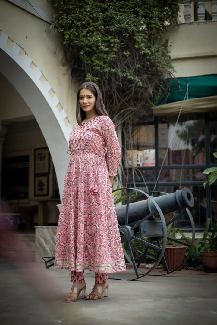 Pink Floral Mirror Embroidered Kurta Pant Set