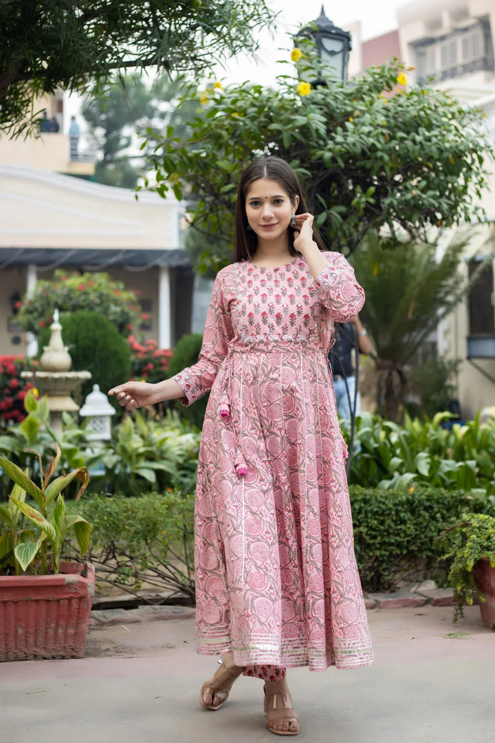Pink Floral Mirror Embroidered Kurta Pant Set