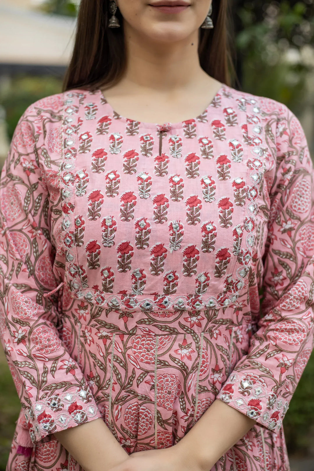 Pink Floral Mirror Embroidered Kurta Pant Set