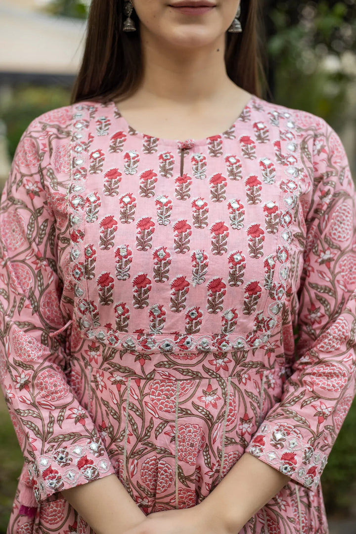 Pink Floral Mirror Embroidered Kurta Pant Set