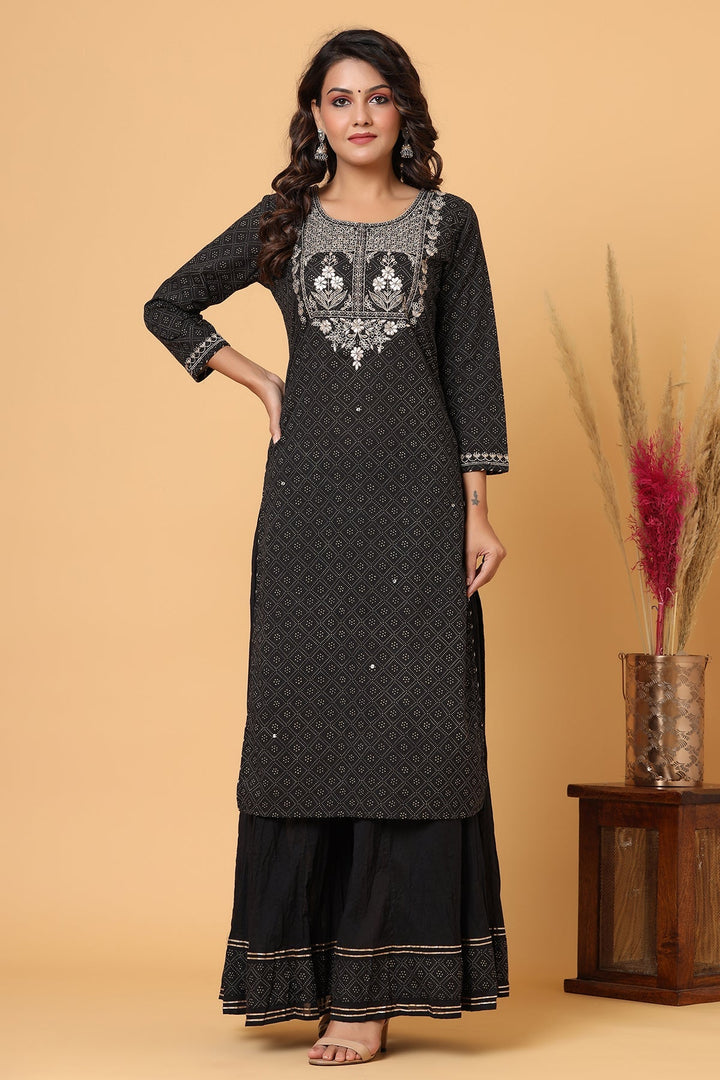 Black Gold Printed Embroidery Kurta Sharara Set