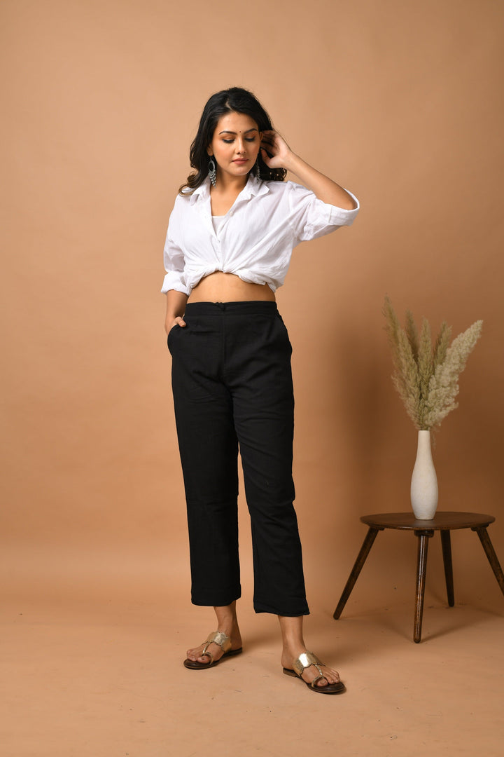 Black Solid Cotton Pant