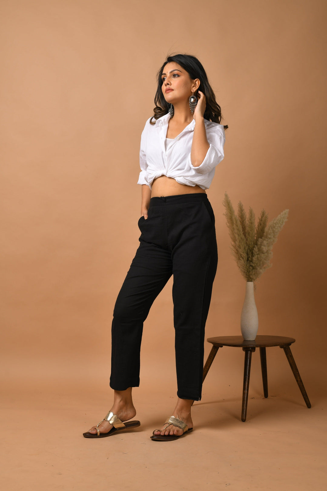 Black Solid Cotton Pant