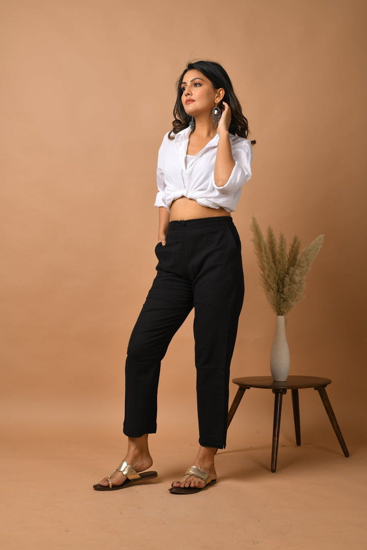 Black Solid Cotton Pant