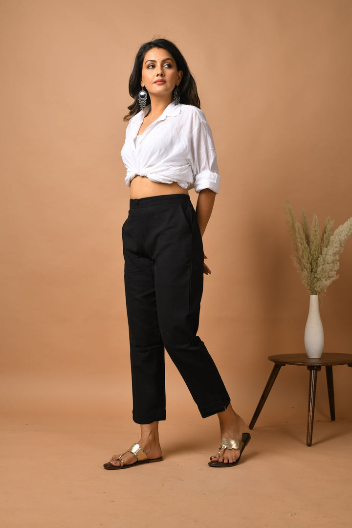 Black Solid Cotton Pant