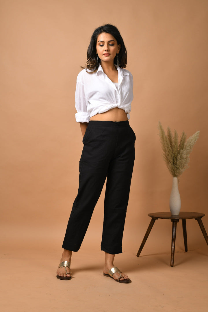 Black Solid Cotton Pant