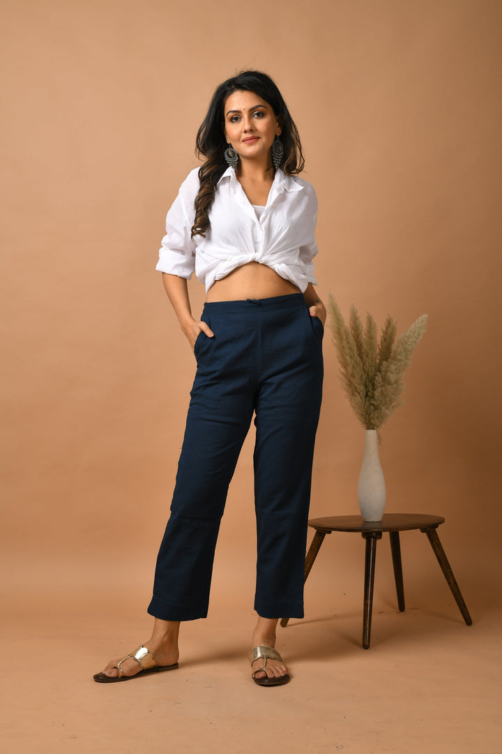 Blue Solid Cotton Pant