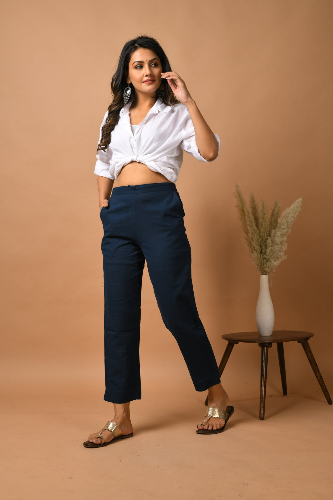 Blue Solid Cotton Pant