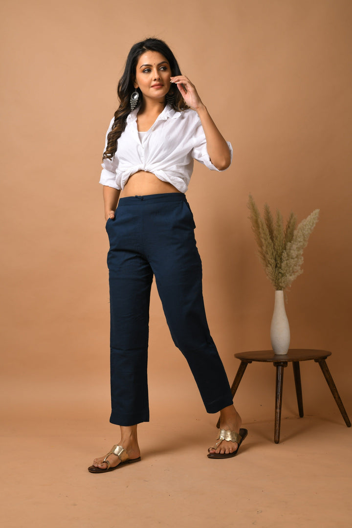 Blue Solid Cotton Pant