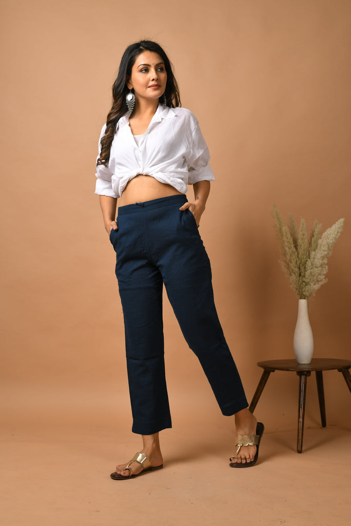 Blue Solid Cotton Pant