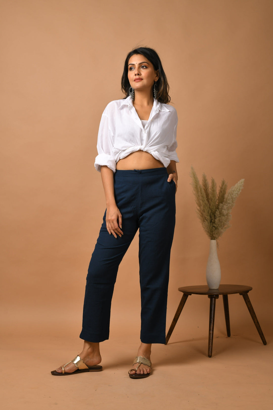 Blue Solid Cotton Pant