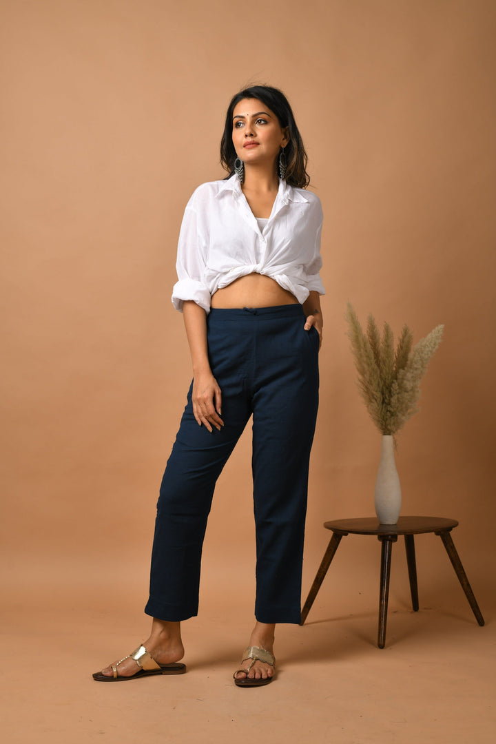 Blue Solid Cotton Pant