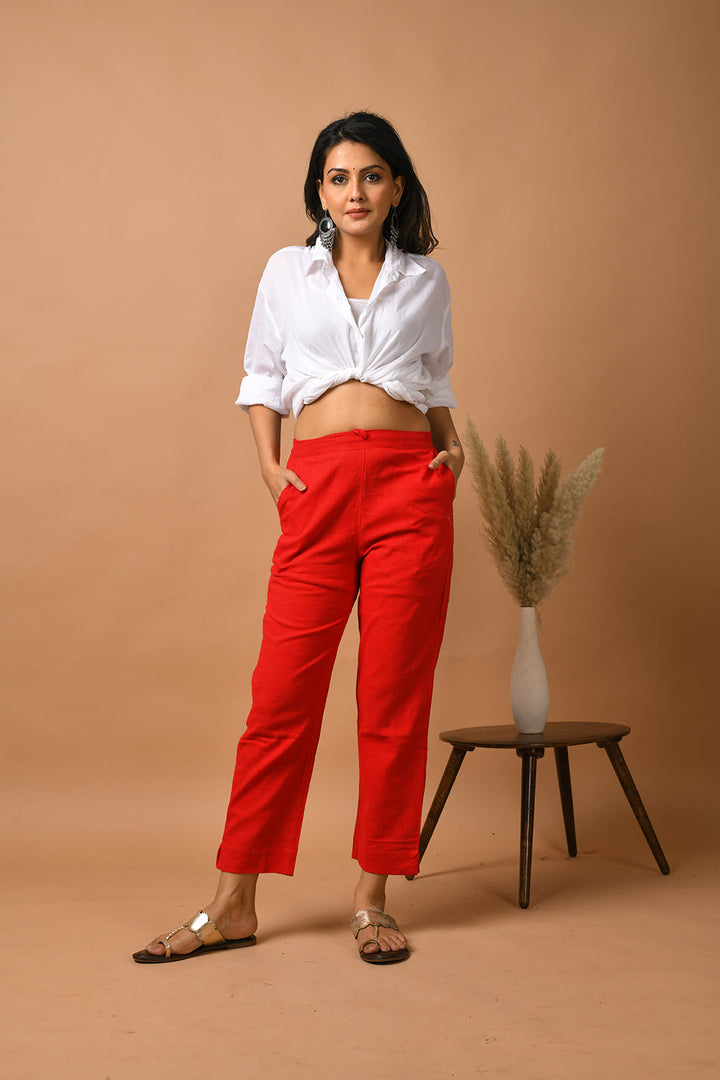 Red Solid Cotton Pant