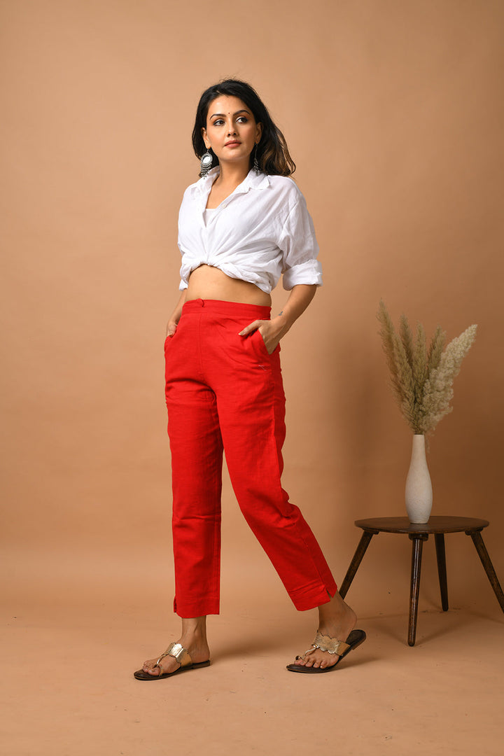 Red Solid Cotton Pant