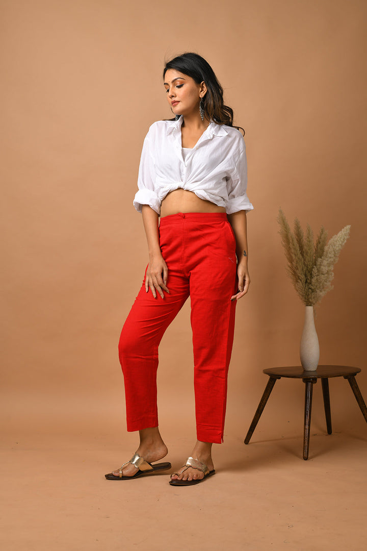 Red Solid Cotton Pant