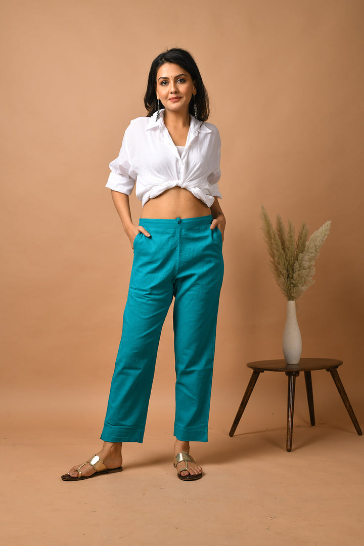 Teal Green Solid Cotton Pant
