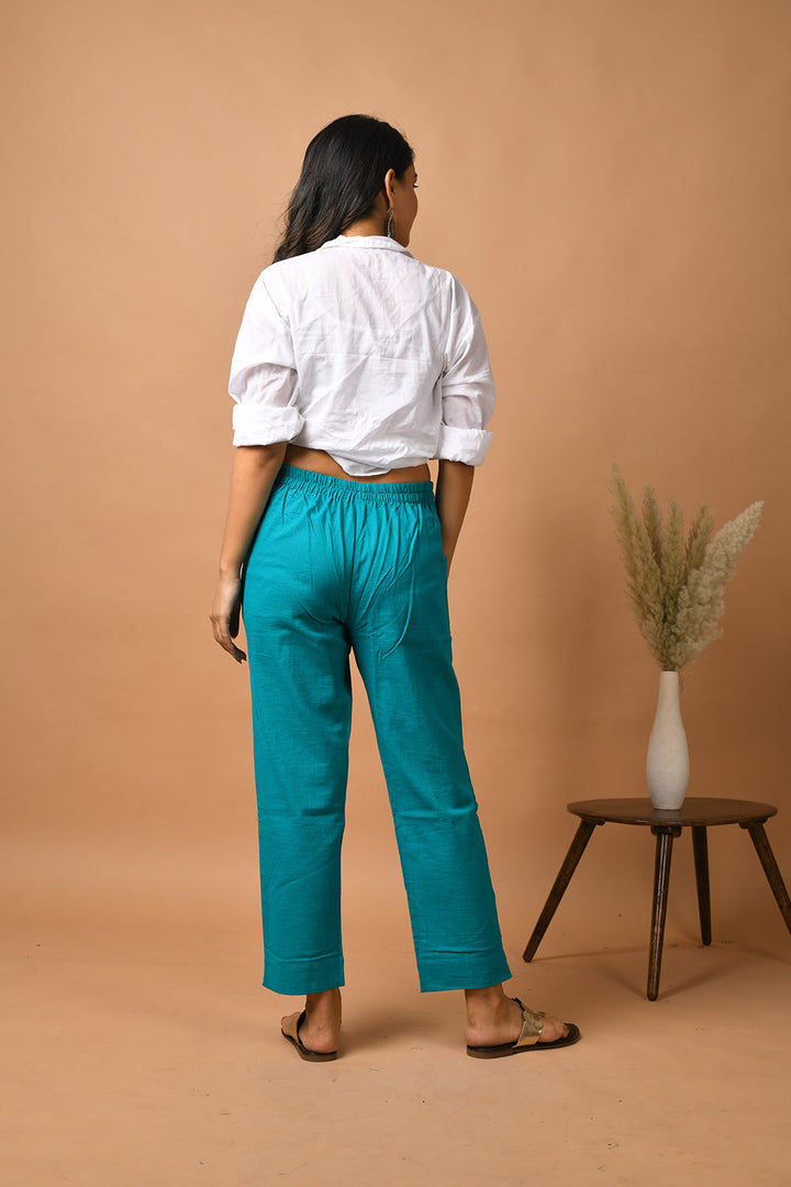 Teal Green Solid Cotton Pant