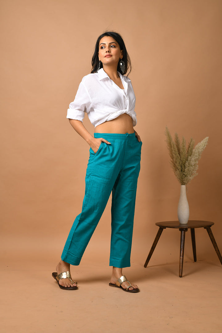 Teal Green Solid Cotton Pant