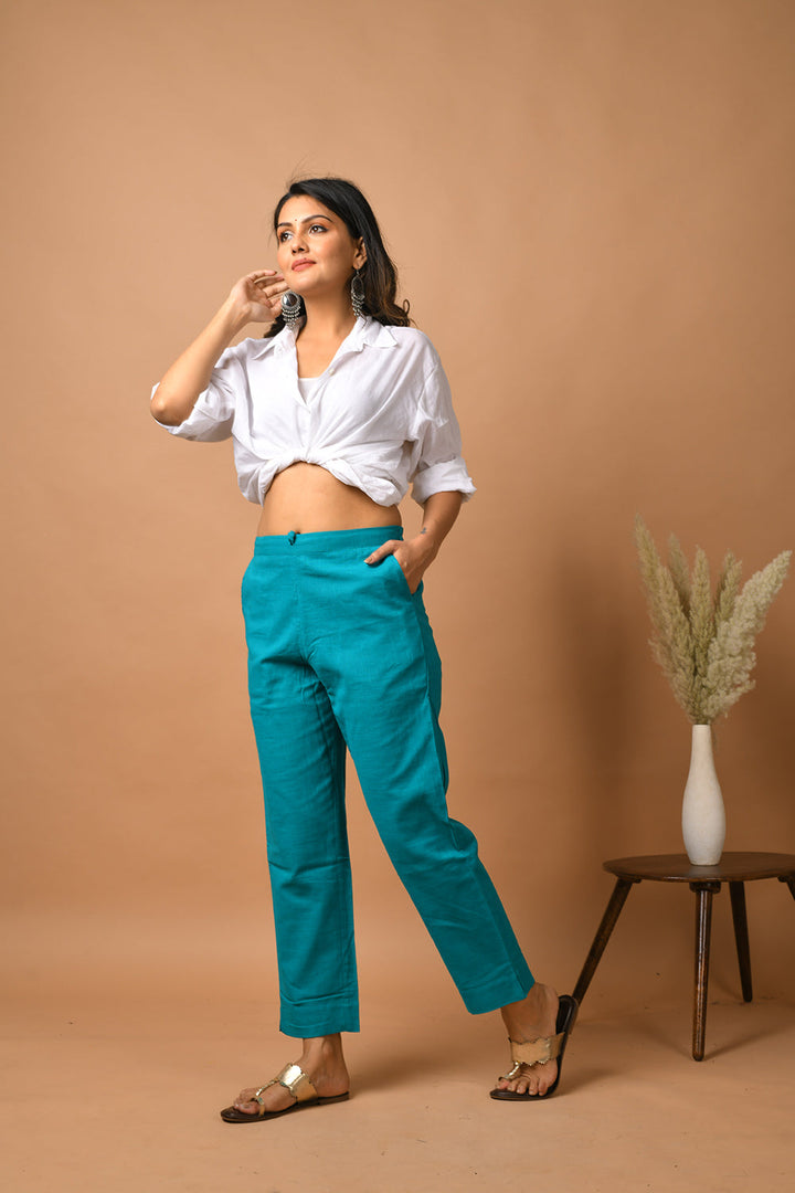 Teal Green Solid Cotton Pant