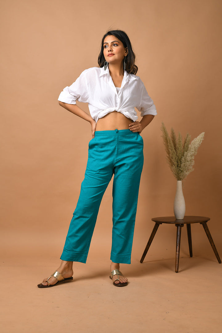 Teal Green Solid Cotton Pant