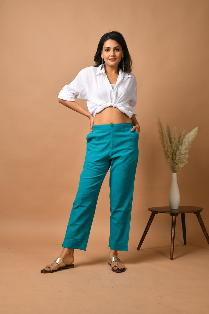 Teal Green Solid Cotton Pant