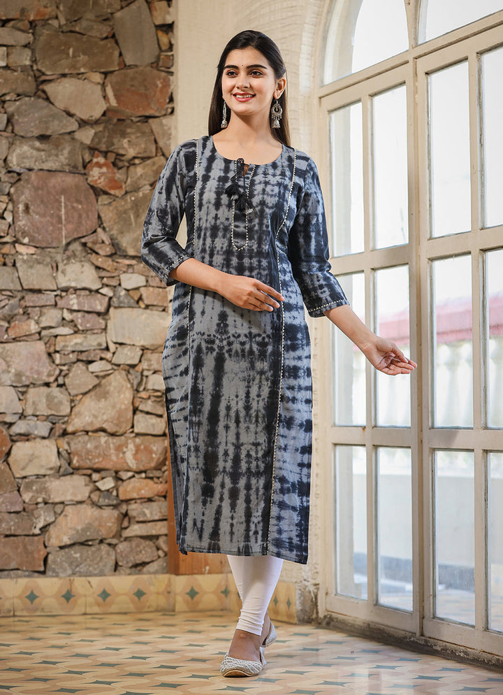 Black Tie Dye Print Cotton Casual Kurta