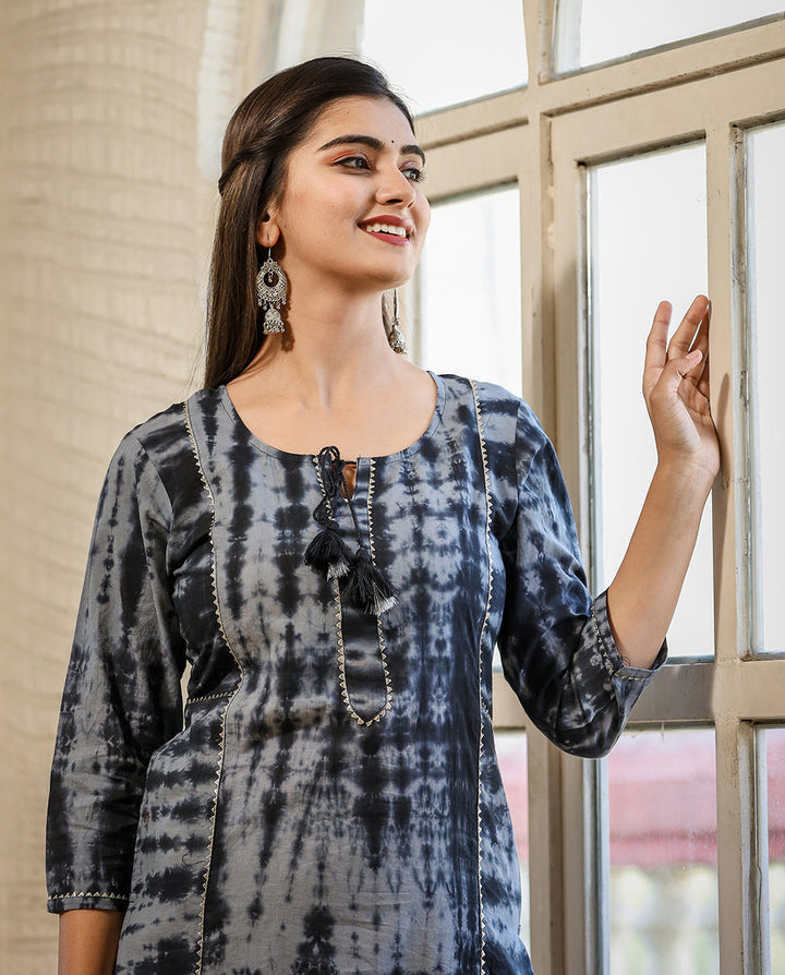 Black Tie Dye Print Cotton Casual Kurta