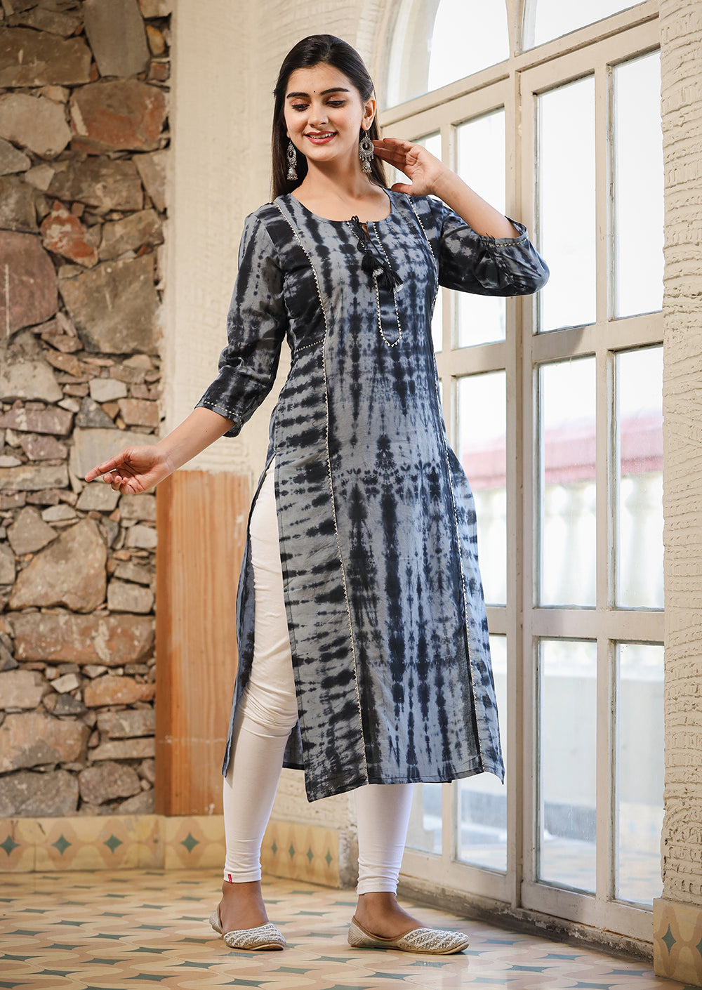 Black Tie Dye Print Cotton Casual Kurta