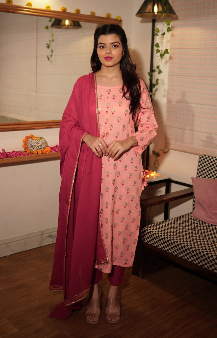 Pink Printed Straight Kurta Pant With Dupatta