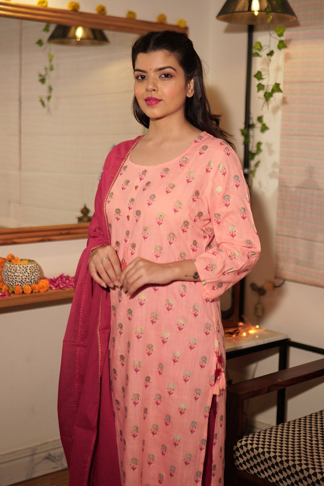 Pink Printed Straight Kurta Pant With Dupatta