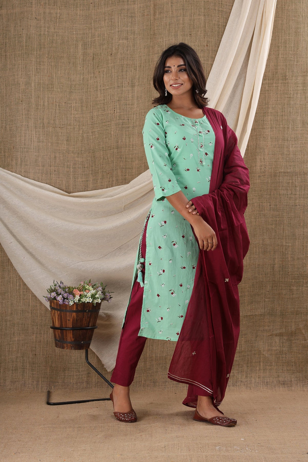 Green Printed Straight Kurta Pant With Dupatta