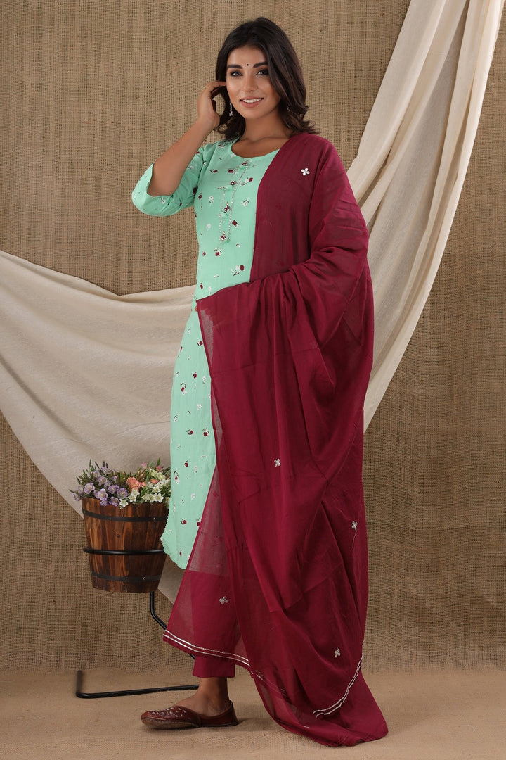 Green Printed Straight Kurta Pant With Dupatta