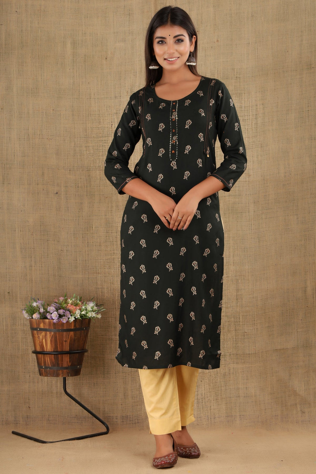 Bottle Green Printed Straight Kurta Pant With Dupatta