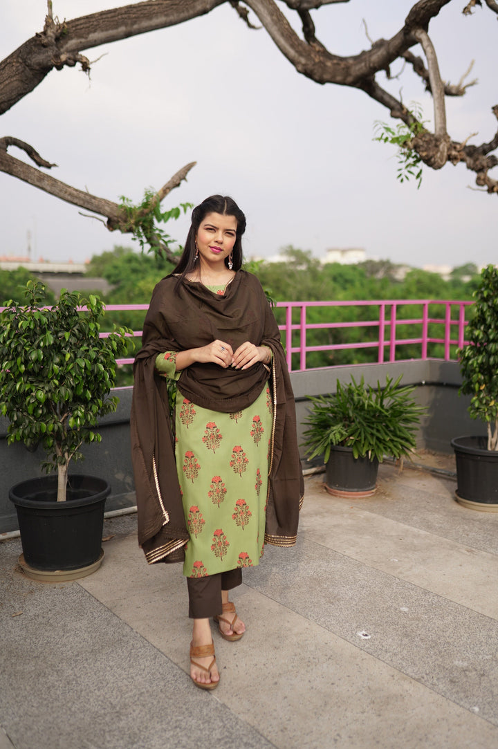 Green Floral Printed Straight Suit Set