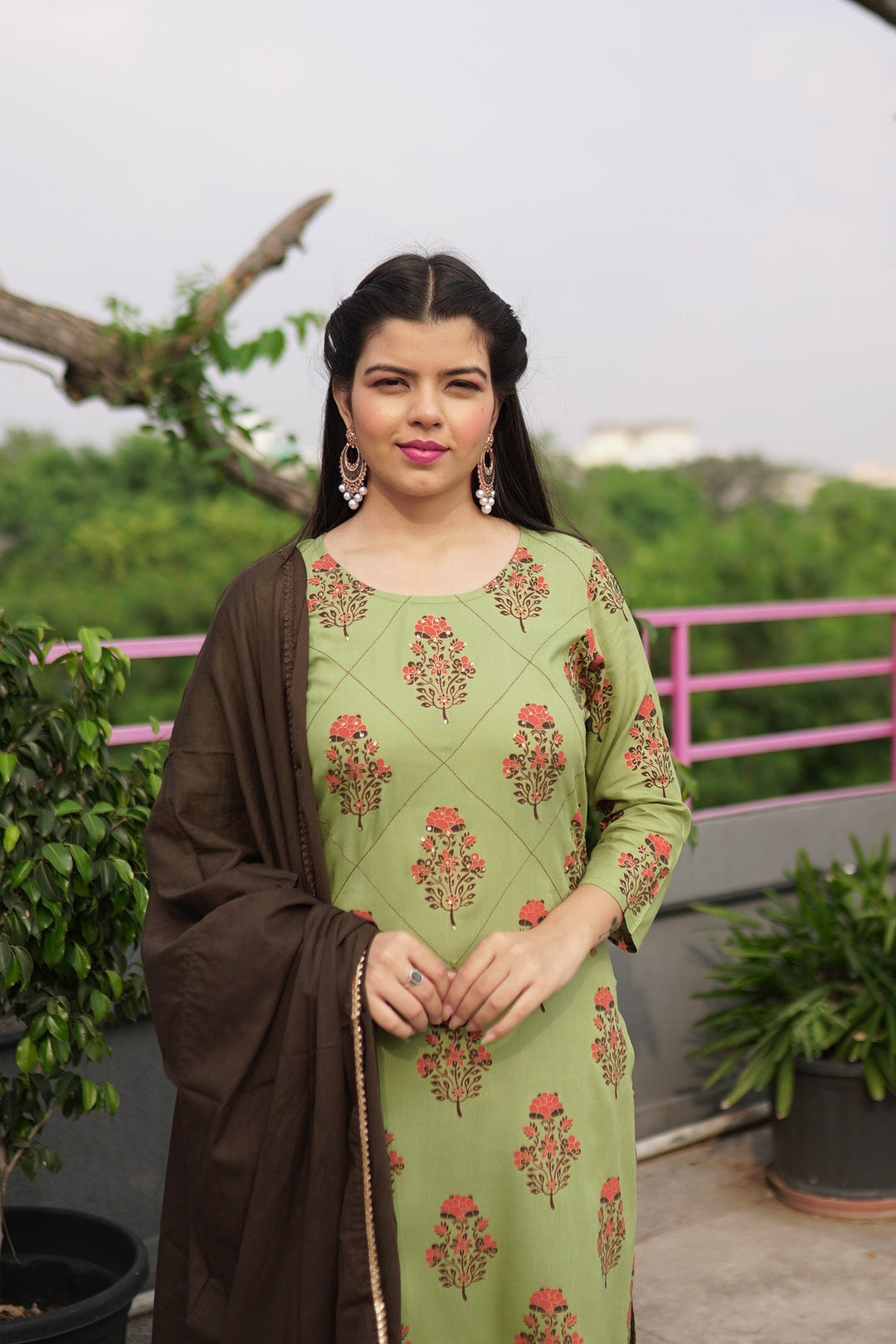 Green Floral Printed Straight Suit Set