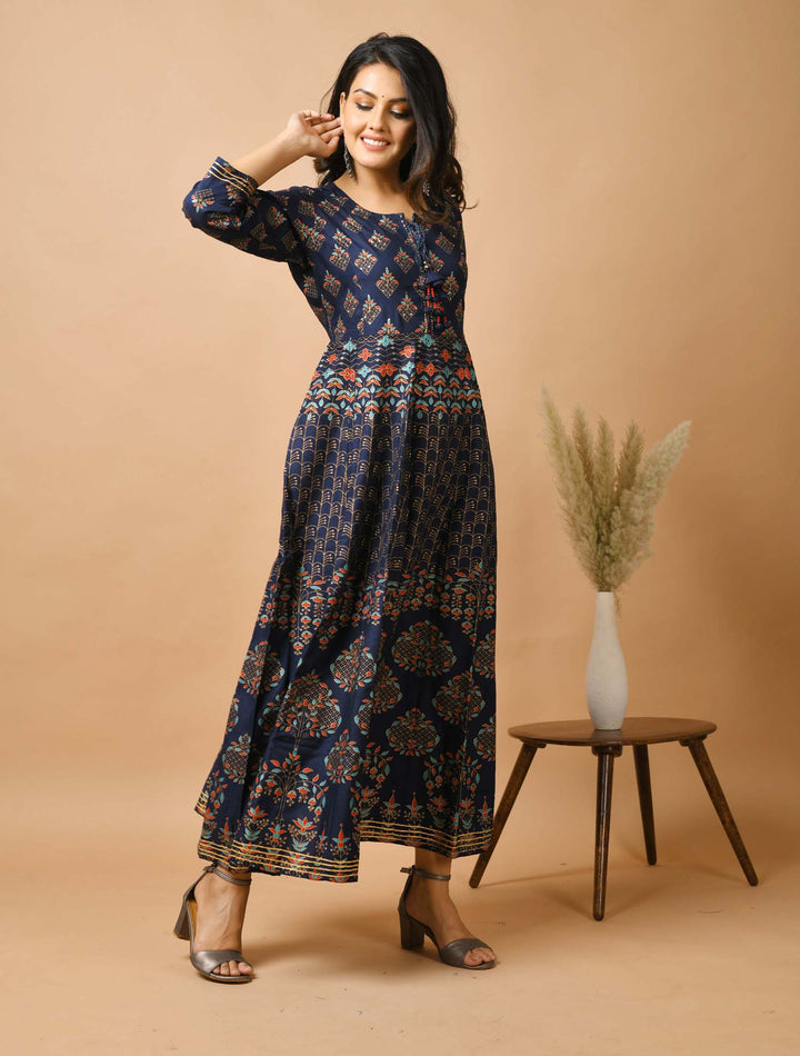 Blue Gold Printed Anarkali Ethnic Gown