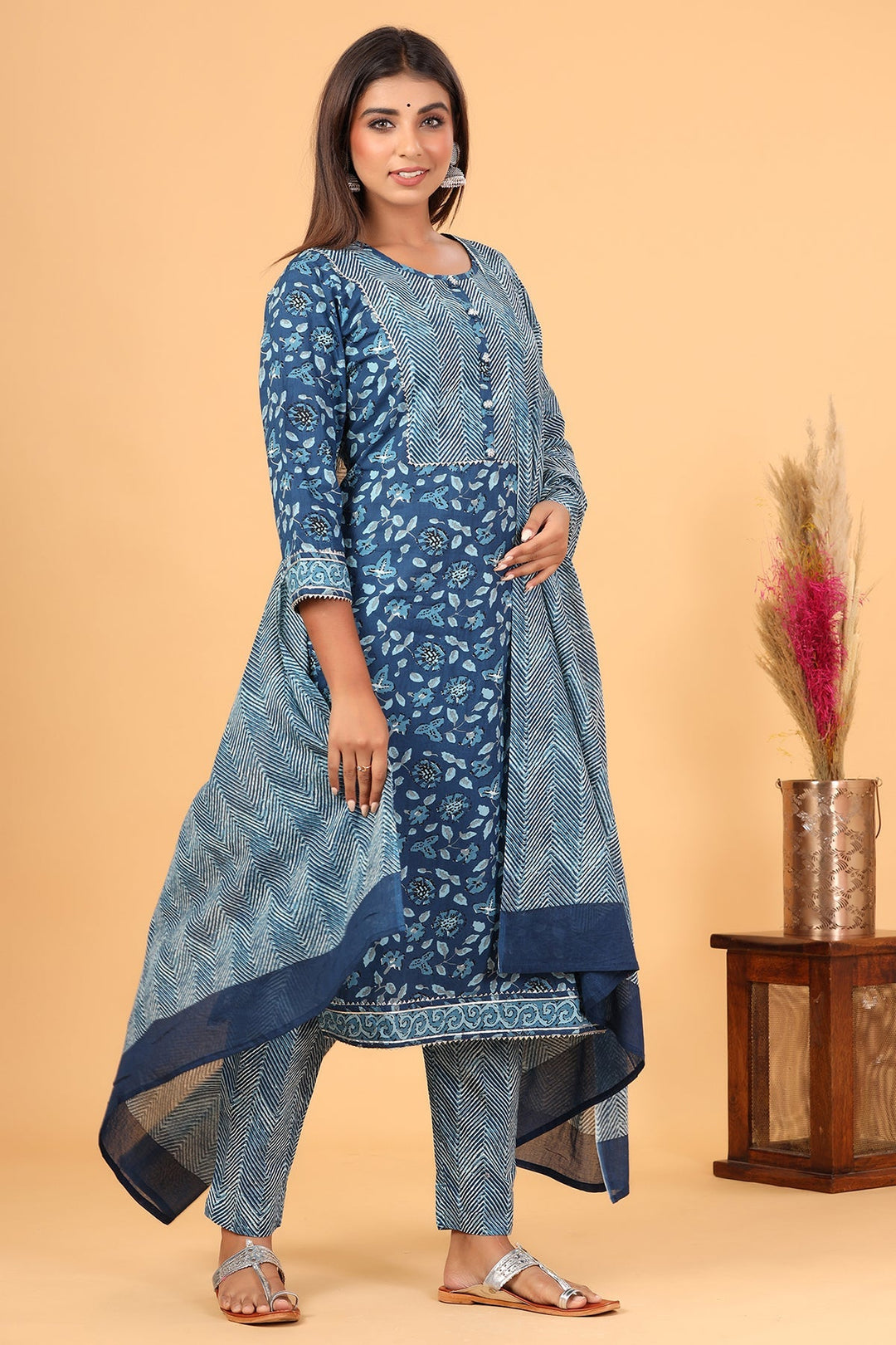 Blue Indigo Printed Kurta Pant With Dupatta Set