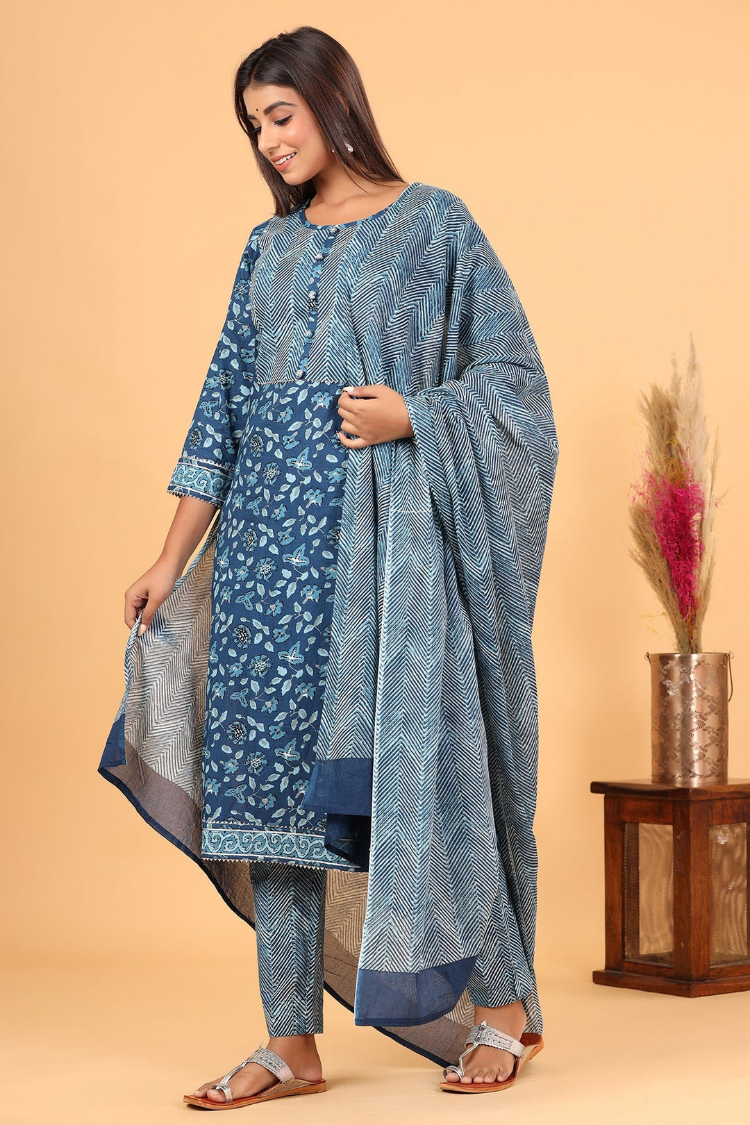 Blue Indigo Printed Kurta Pant With Dupatta Set