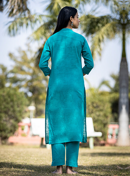 Teal Green Solid Cotton Casual Kurta