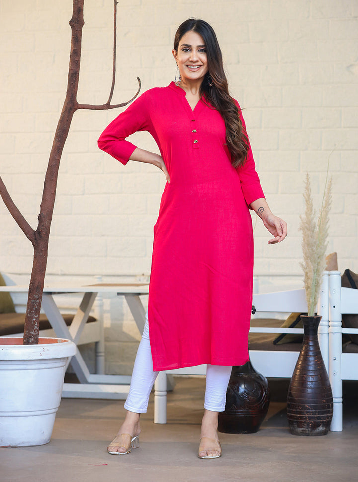 Pink Solid Cotton Casual Kurta