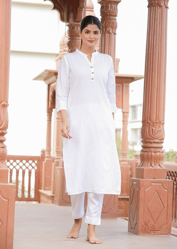 White Solid Cotton Casual Kurta Pant Set