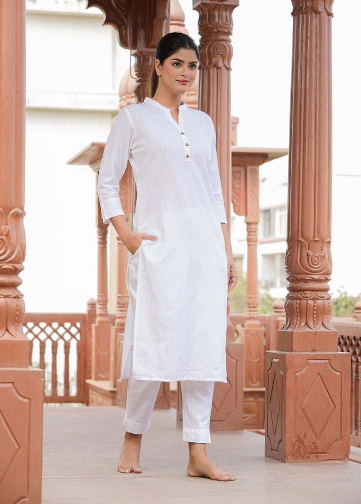 White Solid Cotton Casual Kurta Pant Set